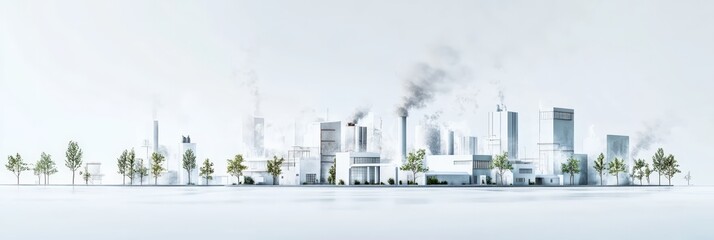 Modern city skyline blending industrial pollution with eco friendly green initiatives, featuring trees and factories emitting smoke, symbolizing environmental challenges and solutions