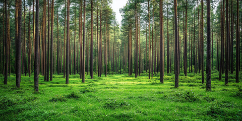 Fototapeta premium A forest filled with tall, straight trees and lush green grass underfoot.