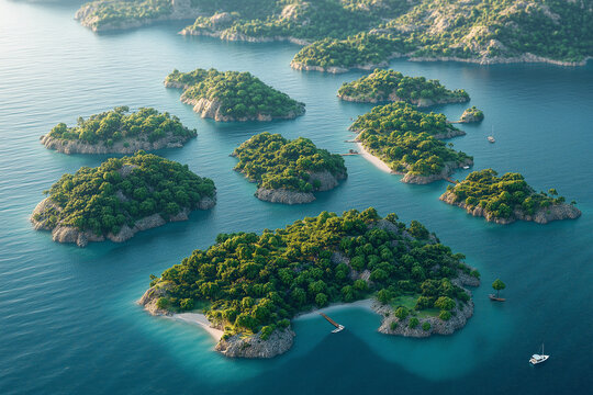 Photo réaliste d’un archipel d’îles verdoyantes et plages de sable blanc