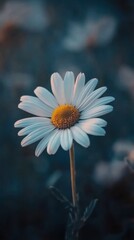 Delicate White Daisy Blooming Against a Soft Blue Background in Nature, Capturing the Beauty of Springtime in Close-Up Photography