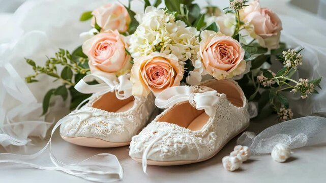 children's booties white background flowers. Selective focus