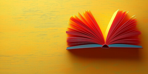 An open book with colorful pages in red and yellow, set against a yellow background.