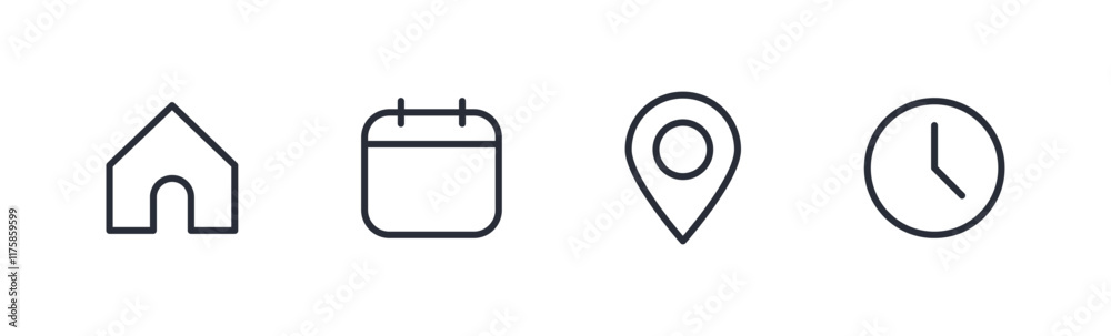 Aufkleber Address location icon. Stopwatch timer icon. Date Calendar icon - Web icons set . EDITABLE STROKE