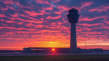 Obraz premium The silhouette of Munich airport's control tower stands tall against the vibrant hues of a stunning summer sunrise, symbolizing the harmony of a city's bustling energy and peaceful morning moments 