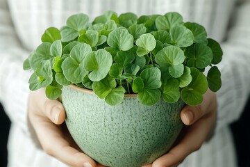 Green plant in a round pot held gently in hands