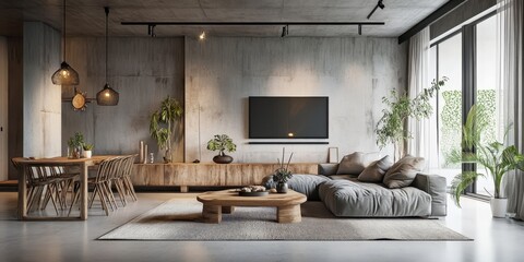 Modern loft apartment, spacious living room, industrial style, large windows, natural light, wooden floors, gray sofa, wooden credenza, minimalist decor, potted plants, wall art, exposed ceiling, cozy