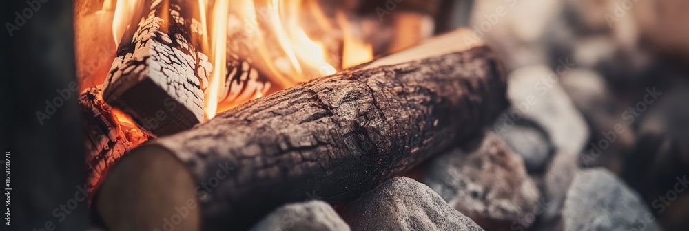 Poster close up view of a burning log in a fireplace, radiating a warm glow and creating a cozy atmosphere,