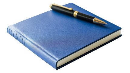 Blue notebook with pen on top, isolated on transparent background