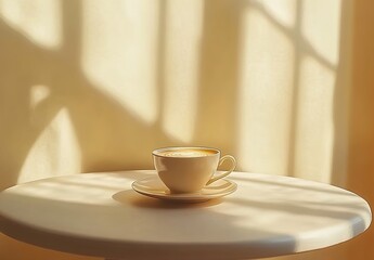 Fototapeta premium A cup of coffee is placed on the table, with light yellow walls and sunlight shining through the window onto it.