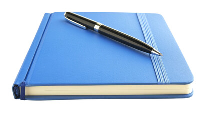 Blue notebook with pen on top, isolated on transparent background