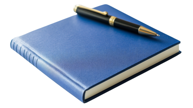 Blue notebook with pen on top, isolated on transparent background