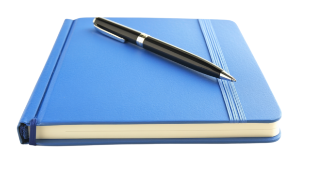 Blue notebook with pen on top, isolated on transparent background