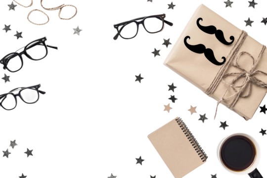 Happy Fathers Day framed with a special gift box and coffee cup, offering a thoughtful tribute to dads isolated on transparent background