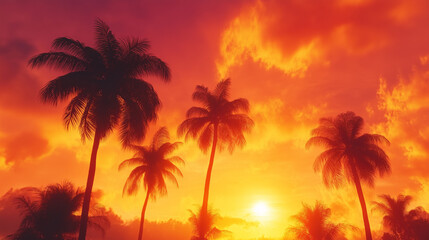 The silhouette of palm trees against a fiery sunset sky