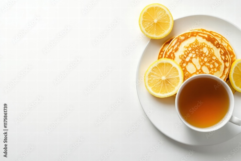 Poster breakfast with lemon pancakes and tea on a bright white table setting to enjoy a refreshing morning 