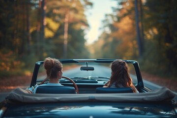 Two women enjoying a scenic drive in a convertible car through a forest filled with autumn colors, conveying a sense of adventure and friendship.