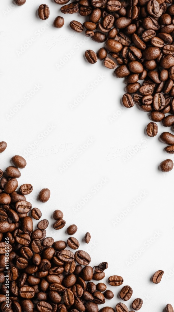 Poster roasted coffee beans are arranged diagonally on a white background, creating a visually appealing fr