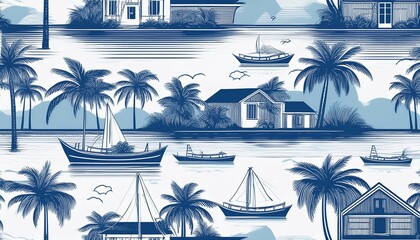 seamless vintage tropical island pattern with palm trees houses and boats in classic blue and white color scheme