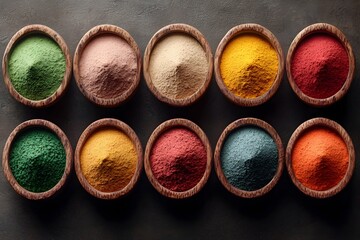 Colorful Assortment of Fragrant Spices in Rustic Wooden Bowls with Soft Hazy Lighting