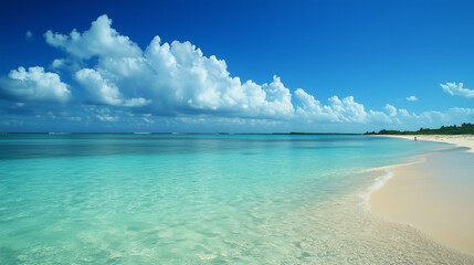 Fototapeta premium A sandbar appearing at low tide, stretching out into the turquoise ocean