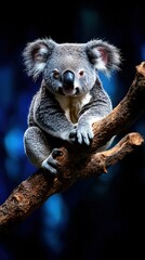 Naklejka premium Koala on branch with turned head and wide eyes
