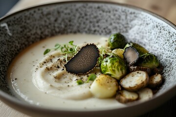 krem z grzybów, puree ziemniaczane, brukselka, trufla, eleganckie danie, talerz gourmet, nowoczesna kuchnia, fine dining, grzyby leśne, ziemniaki, dekoracja kulinarna, świeże składniki, kuchnia wykwin