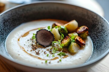 krem z grzybów, puree ziemniaczane, brukselka, trufla, eleganckie danie, talerz gourmet, nowoczesna kuchnia, fine dining, grzyby leśne, ziemniaki, dekoracja kulinarna, świeże składniki, kuchnia wykwin