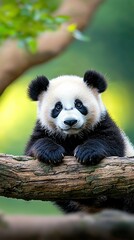 Obraz premium A black-and-white panda bear perched on a tree branch with its arms folded, gazing directly into the lens