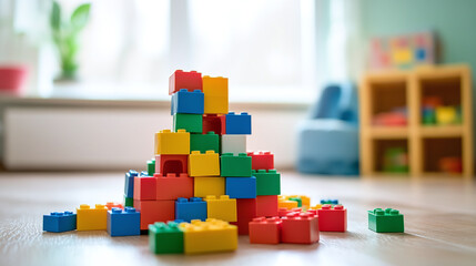 Closeup of pile stack or heap of colorful plastic building blocks on nursery classroom floor....