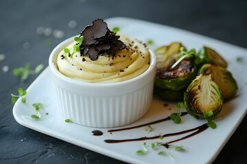 krem z grzybów, puree ziemniaczane, brukselka, trufla, eleganckie danie, talerz gourmet, nowoczesna kuchnia, fine dining, grzyby leśne, ziemniaki, dekoracja kulinarna, świeże składniki, kuchnia wykwin