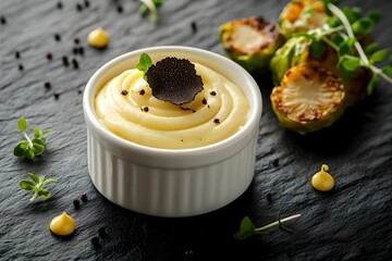 krem z grzybów, puree ziemniaczane, brukselka, trufla, eleganckie danie, talerz gourmet, nowoczesna kuchnia, fine dining, grzyby leśne, ziemniaki, dekoracja kulinarna, świeże składniki, kuchnia wykwin