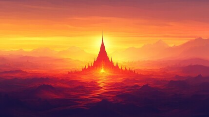 Majestic silhouette of a towering Buddhist temple or palace rising above a misty ethereal landscape bathed in the dramatic glow of a vibrant colorful sunset  This fantastical