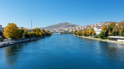 Fototapeta premium Autumnal River Scene: Wide Photo of Serene Cityscape. AI Generated