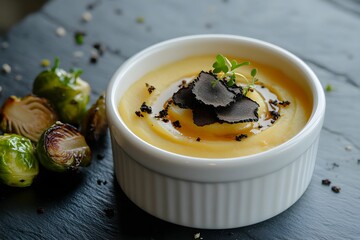 krem z grzybów, puree ziemniaczane, brukselka, trufla, eleganckie danie, talerz gourmet, nowoczesna kuchnia, fine dining, grzyby leśne, ziemniaki, dekoracja kulinarna, świeże składniki, kuchnia wykwin