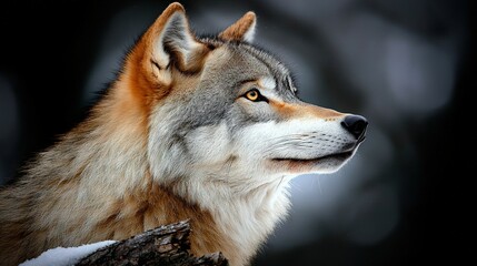 Obraz premium A close-up of a wolf's face against a snowy background with trees in the distance