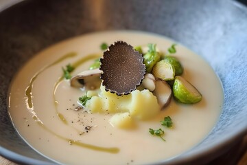 krem z grzybów, puree ziemniaczane, brukselka, trufla, eleganckie danie, talerz gourmet, nowoczesna kuchnia, fine dining, grzyby leśne, ziemniaki, dekoracja kulinarna, świeże składniki, kuchnia wykwin