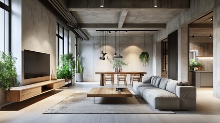 Modern open concept living room, industrial loft apartment, exposed concrete ceiling, large windows, natural light, wooden floors, gray sectional sofa, wooden coffee table, minimalist TV unit, indoor 