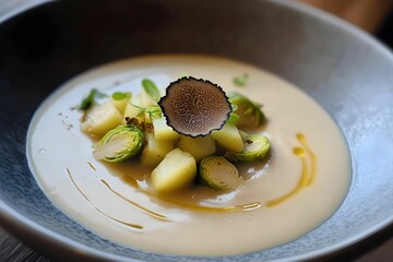 krem z grzybów, puree ziemniaczane, brukselka, trufla, eleganckie danie, talerz gourmet, nowoczesna kuchnia, fine dining, grzyby leśne, ziemniaki, dekoracja kulinarna, świeże składniki, kuchnia wykwin