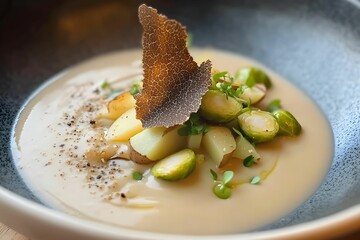 krem z grzybów, puree ziemniaczane, brukselka, trufla, eleganckie danie, talerz gourmet, nowoczesna kuchnia, fine dining, grzyby leśne, ziemniaki, dekoracja kulinarna, świeże składniki, kuchnia wykwin