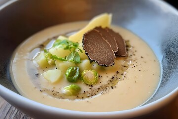 krem z grzybów, puree ziemniaczane, brukselka, trufla, eleganckie danie, talerz gourmet, nowoczesna kuchnia, fine dining, grzyby leśne, ziemniaki, dekoracja kulinarna, świeże składniki, kuchnia wykwin