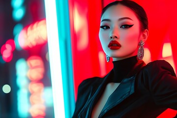 moda, modelka, Japonia, monochromatyczny, minimalizm, makijaż, elegancja, nowoczesność, sesja zdjęciowa, miasto, neonowe światła, urbanizacja, dynamiczna kompozycja, detal, Vogue styl, portret, moda a