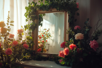 A large mirror framed with artificial flowers and greenery, reflecting a sunlit room