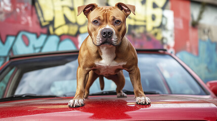 Fierce muscular brown pitbull dog standing on red car hood. strong domestic purebred pet animal, aggressive violent dangerous bully, vicious, guard, big intimidating security.