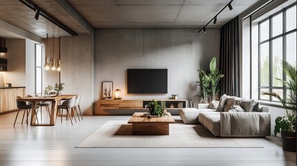 Modern open concept living room, industrial loft apartment, exposed concrete ceiling, large windows, natural light, wooden floors, gray sectional sofa, wooden coffee table, minimalist TV unit, indoor 