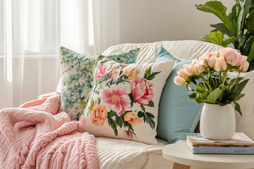 Naklejka premium A cozy nook with floral-patterned throw pillows, a soft pastel blanket, and a side table holding a bouquet of ranunculus