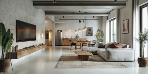 Modern open concept living room, industrial loft apartment, exposed concrete ceiling, large windows, natural light, wooden floors, gray sectional sofa, wooden coffee table, minimalist TV unit, indoor 