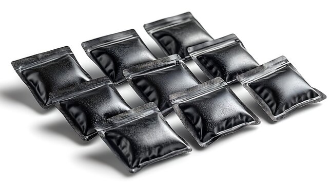 Small, square, black, sealed, transparent, plastic, pouches, arranged in a grid pattern, on a white background.