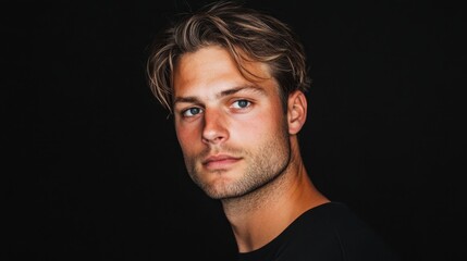 Fototapeta premium Portrait of a young man against a black background - contemplative expression and casual style