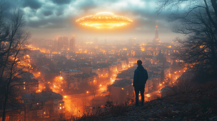 Fototapeta premium Man watching ufo flying over illuminated city at dusk