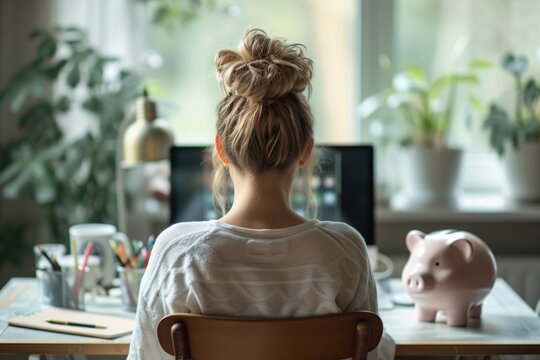 Young woman sitting at a desk, facing a computer, with a piggy bank nearby in a bright, cozy home office setting.